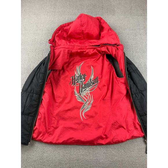 Vintage‎ Harley Davidson Puffer Vest L Red Black Reversable Embroider Graphic